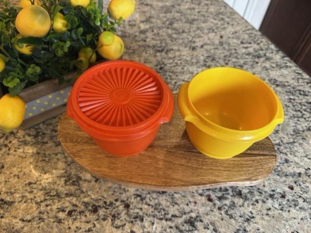 Vintage Tupperware 2 Servalier Bowls 1 W/Lid 4 Inch Orange Yellow 1970s